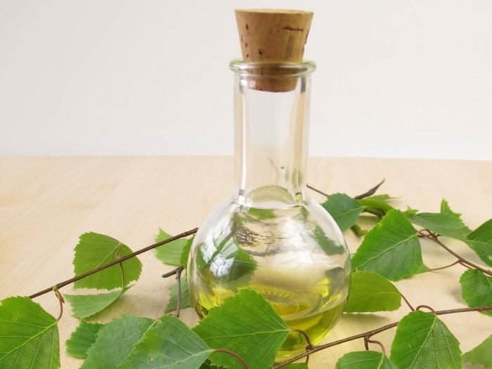 A container of birch essential oil (birch oil) and fresh birch leaves on a wooden table