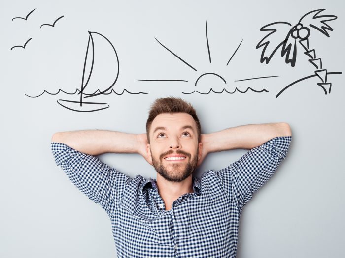 A flat-lay picture of a man smiling and lying down on a plain background with sun, ship, and coconut tree, drawn on top