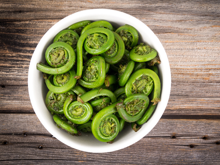 Fiddleheads in a white bowl on wood background
