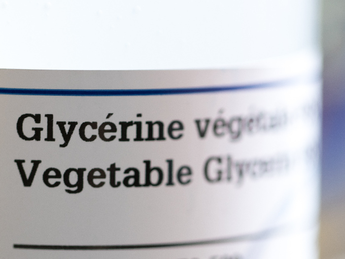 Close up of vegetable glycerin label on a bottle