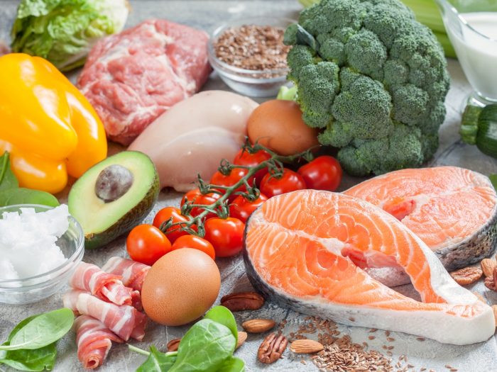 Picture of fish steaks, bacon, nuts, avocado, broccoli, chicken and yellow pepper.
