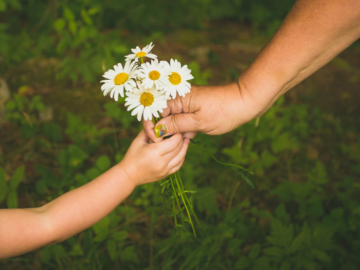 A kid showing a random act of kindness by sharing flowers with a grown up lady